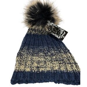 New Striped Knit Winter Beanie Hat Faux Fur Pom Pom Blue Cream Winter Snow Hat